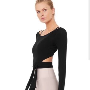 Alo Yoga Black Ballet Ribbed Crop Cropped Wrap Tie Top Shirt